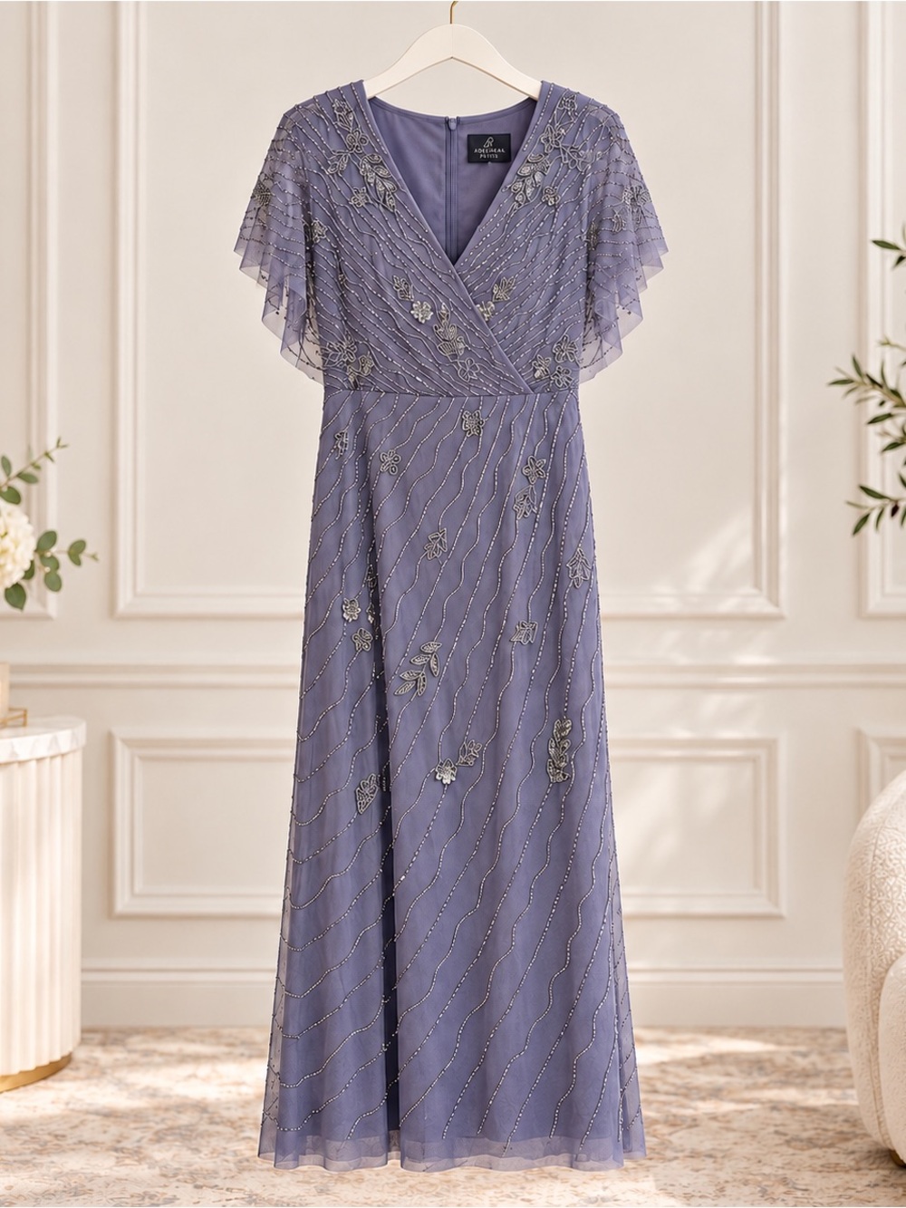Adrianna Papell Beaded Flutter Sleeve Gown Dusty Lavender Gray Formal Dress - Picture 6 of 8